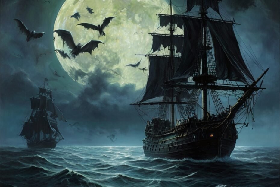 A ghostly pirate ship emerges from the veil of mist, its spectral form illuminated by the eerie glow of the moon. The tattered black sails flutter silently in the chilling breeze, bearing witness to countless journeys through the realms of the living and the dead. The hull, weathered and adorned with moss and barnacles, whispers tales of forgotten voyages and haunted waters. This haunting scene, depicted in a mesmerizing painting, captures the essence of mystery and adventure on the high seas. The artist’s skillful hand brings to life every intricate detail: the ethereal transparency of the ship, the play of moonlight on its ghostly silhouette, and the subtle textures that evoke a sense of ancient maritime lore. Rich hues and expertly crafted shadows draw viewers into a realm where legends of spectral pirates and spectral encounters unfold before their eyes. This captivating artwork invites closer inspection, inviting viewers to immerse themselves in a world where the boundaries between life and death blur.