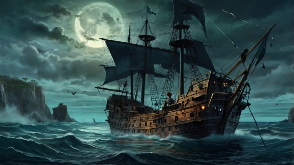 Ghostly pirate ship, veil of mist, spectral form, eerie glow of the moon, tattered black sails, chilling breeze, countless journeys, living and dead, weathered hull, moss and barnacles, forgotten voyages, haunted waters, mesmerizing painting, mystery, adventure, high seas, intricate detail, ethereal transparency, moonlight, ghostly silhouette, subtle textures, ancient maritime lore, rich hues, expertly crafted shadows, spectral pirates, spectral encounters, boundaries between life and death.