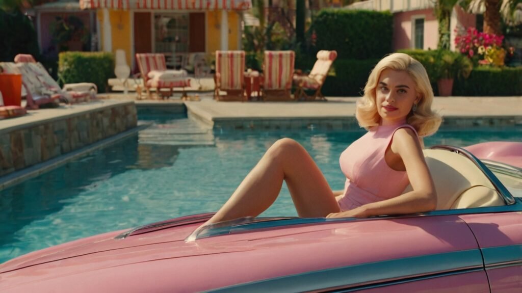 AI Prompt Comedic beach scene from "Barbie" (2023) directed by Greta Gerwig. The shot opens with a zoomed-out view of a picturesque beach, capturing the vibrant and playful world of Margot Robbie, lounges in a pink 1957 Corvette under the warm sunlight. The UHD camera captures every detail of this hilarious moment, highlighting the colors and textures. With Gerwig's expert direction, this scene exudes comedy and invites the audience to immerse themselves in Barbie's delightful world.