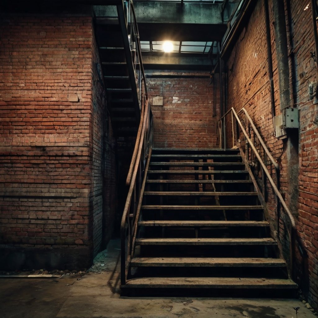 An old metal staircase in an industrial style begins with a platform with three steps, ascending to the right to another platform, then turning left upward. The scene features brick walls with very high ceilings, captured in 4k image quality with clear details of riveting and rust. Dim lighting adds to the atmosphere, reminiscent of ruins from the subway game.